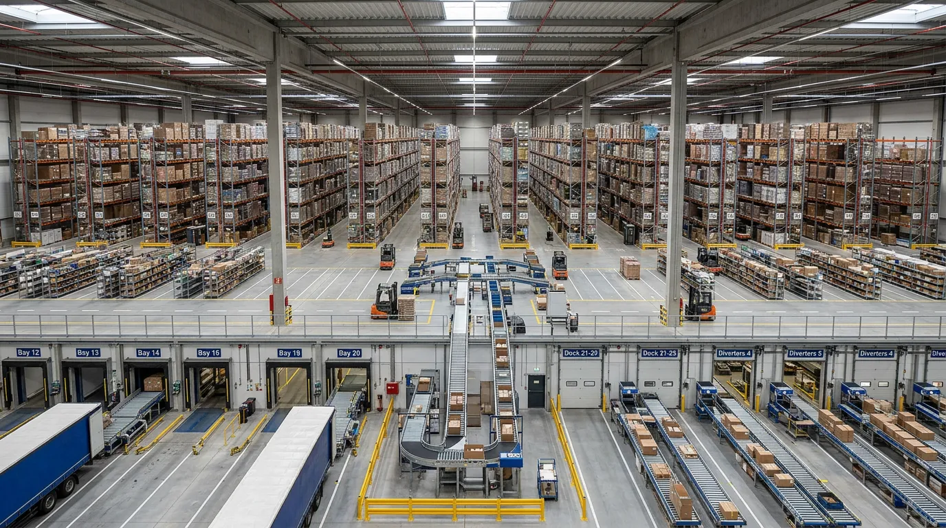 Modern industrial warehouse or distribution center interior, organized shelves with products, professional logistics environment, overhead perspective showing interconnected operations