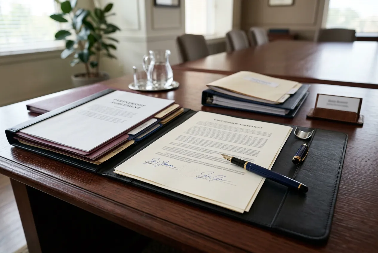Corporate handshake or partnership agreement signing on wooden desk, formal business environment with folders and documents, representing business partnership and alliance