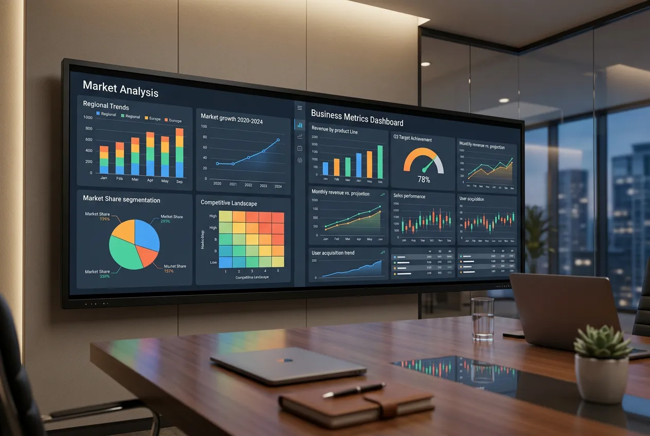 Digital strategic planning board with market analysis charts, business metrics dashboard displayed on screen, analytical workspace with data visualization
