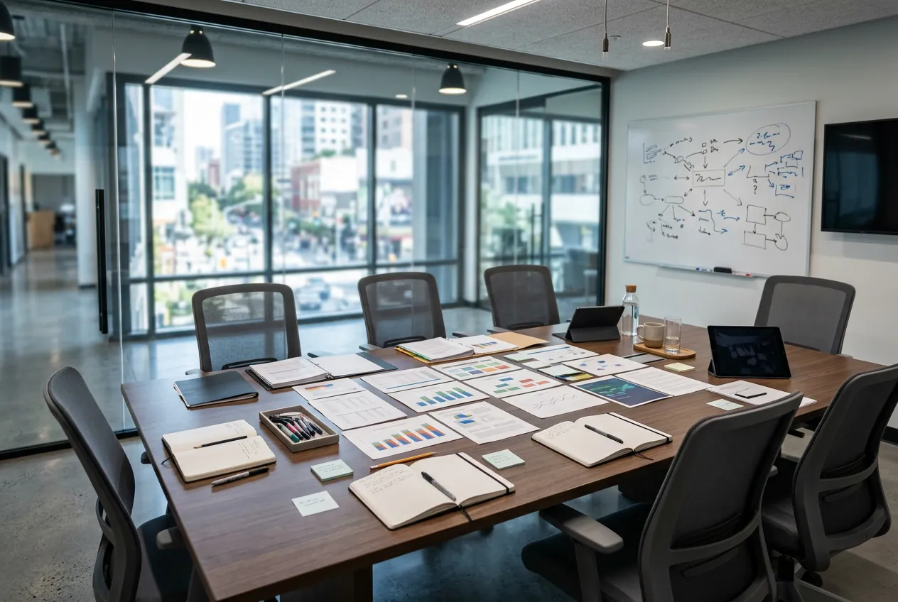 Business professionals in a modern meeting room with strategic planning materials on table, charts, strategy documents, collaborative workspace atmosphere