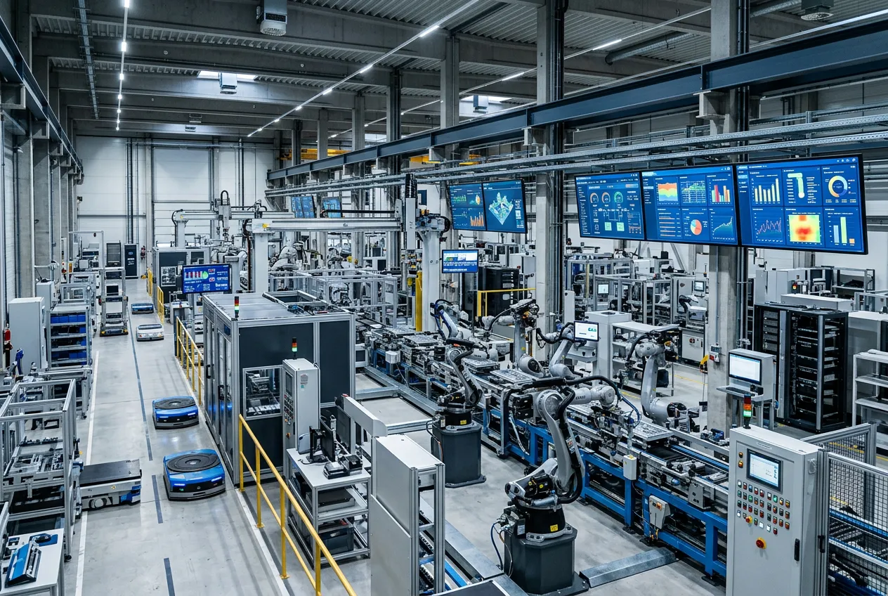 Modern industrial facility with advanced technology integration, smart manufacturing environment, interconnected systems and digital displays showing operational data